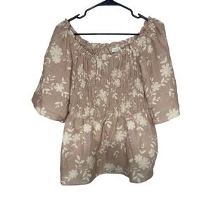 Chenault Smocked Peasant Floral‎ Bohemian Boho Peplum Blouse Medium Beige Cream